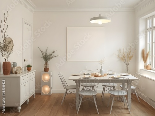 Minimalist Scandinavian dining room with a framed blank poster on light wall and Easter decoration on the table. 3D Rendering
