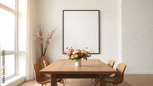 Minimalist Scandinavian office meeting room table with a framed blank poster on light wall and Spring season atmosphere. 3D Rendering