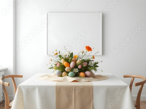 Minimalist Scandinavian dining room with a framed blank poster on light wall and Easter decoration on the table. 3D Rendering