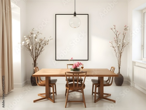 Minimalist Scandinavian dining room with a framed blank poster on light wall and Spring season atmosphere. 3D Rendering