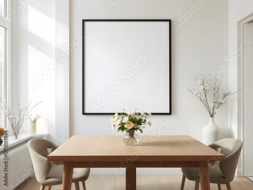 Minimalist Scandinavian office meeting room with a framed blank poster on light wall and Spring season atmosphere. 3D Rendering