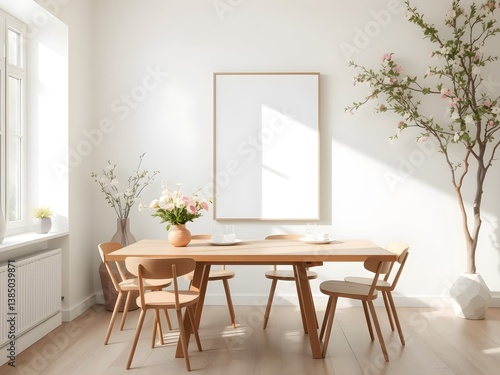 Minimalist Scandinavian dining room with a framed blank poster on light wall and Spring season atmosphere. 3D Rendering
