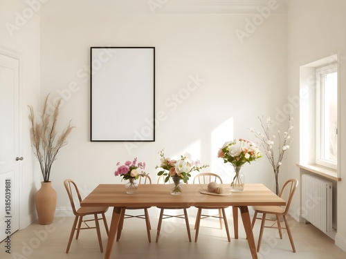 Minimalist Scandinavian dining room with a framed blank poster on light wall and Spring season atmosphere. 3D Rendering