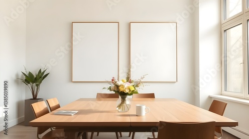 Modern Scandinavian style office meeting room table with two framed blank posters on light wall and Spring season atmosphere. 3D Rendering