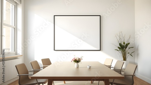 Modern Scandinavian style office meeting room table with a framed blank poster on light wall and Spring season atmosphere. 3D Rendering