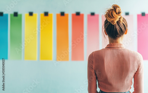 woman with bun hairstyle stands in front of colorful wall with vibrant swatches, contemplating design ideas
