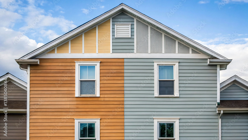 Modern House Exterior with Unique Two-Tone Siding and Clear Blue Sky Background Modern House Exterior with Unique Two-Tone Siding and Clear Blue Sky Background