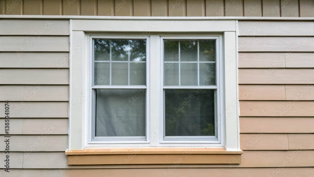 Beautiful Double-Hung Window Frame with White Trim on Subtle Beige House Siding Beautiful Double-Hung Window Frame with White Trim on Subtle Beige House Siding