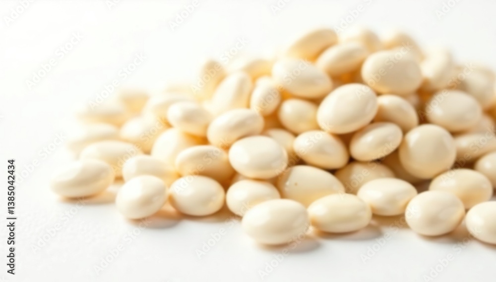 Close-up of a pile of white beans against a stark white backdrop, still life, culinary Close-up of a pile of white beans against a stark white backdrop, still life, culinary