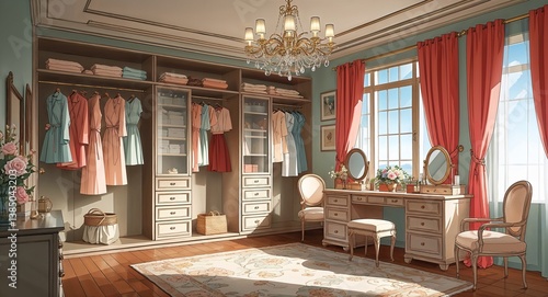 elegant dressing room with walk in closet and vanity area anime cartoon style illustration artwork design background