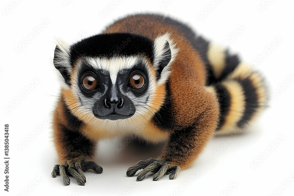 Adorable red-fronted lemur with a striped tail posing on a white background Adorable red-fronted lemur with a striped tail posing on a white background