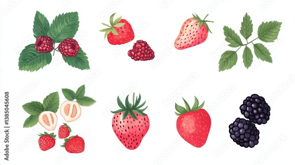 55.Concept 5: Set of juicy berries: strawberry, raspberries, blackberries, cut strawberry and raspberry leaves isolated on a white background 55.Concept 5: Set of juicy berries: strawberry, raspberries, blackberries, cut strawberry and raspberry leaves isolated on a white background