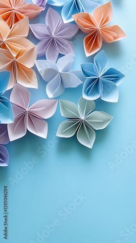 Colorful Origami Flowers on Light Blue
