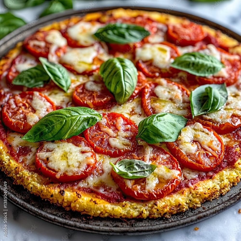 A gluten-free, dairy-free pizza topped with fresh basil, tomatoes, and a drizzle of olive oil, on a crispy cauliflower crust. A gluten-free, dairy-free pizza topped with fresh basil, tomatoes, and a drizzle of olive oil, on a crispy cauliflower crust.