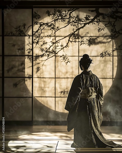 A serene Japanese Noh dance performance in a traditional wooden theater, performer in elaborate silk kimono and delicate mask, soft stage lighting, dramatic shadows, timeless elegance