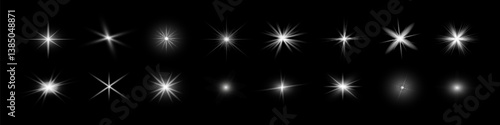 Glow isolated white transparent starlight effect set, lens flare, explosion, line, sun flash, glitter, spark and stars. Abstract special effect element design. Shine ray with lightning,