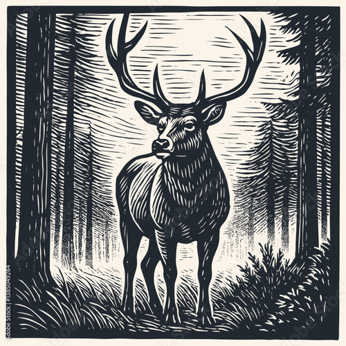 Vector illustration of a majestic stag deer with large antlers standing in a forest. Classic woodcut or linocut printmaking style. Monochrome graphic.
