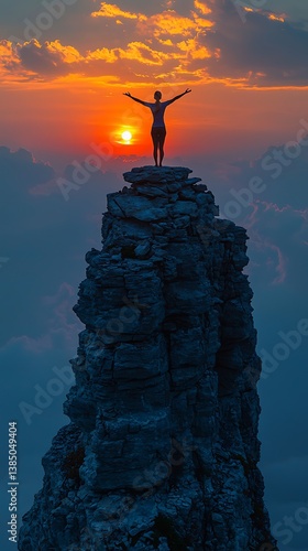 A silhouette of a person practicing yoga on a mountain peak at sunrise, arms stretched towards the sky, glowing horizon in the background, symbolizing balance and renewal