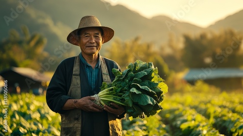 12.A vibrant scene of an Asian farmer standing proudly in a flourishing vegetable field, holding a bundle of harvested greens while sunlight bathes the surrounding crops.