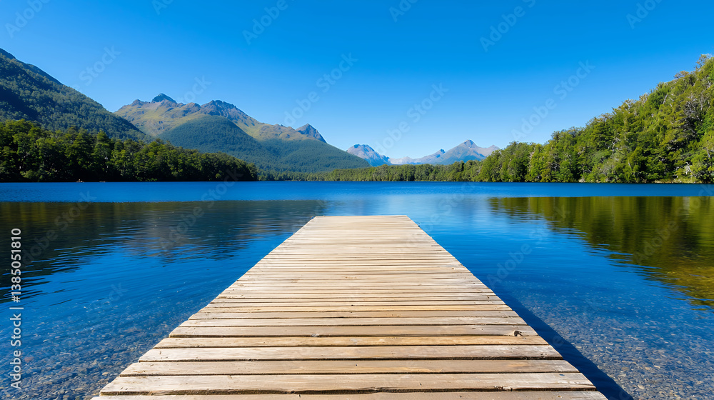 Fototapeta premium serene wooden dock extends into tranquil lake, surrounded by majestic mountains and lush greenery under clear blue sky
