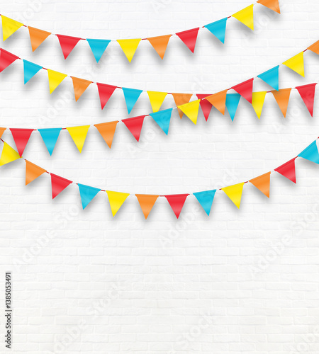 Colorful flags hanging party on white wall background, birthday, anniversary, celebration event, festival greeting card background, scene for shooting.