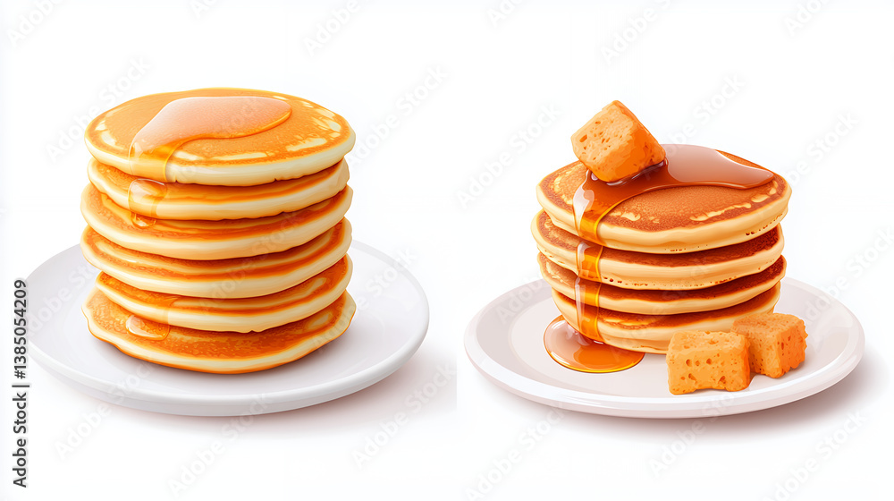 Delicious pancakes stacked high, drizzled with syrup, and served on white plates, creating tempting breakfast scene Delicious pancakes stacked high, drizzled with syrup, and served on white plates, creating tempting breakfast scene