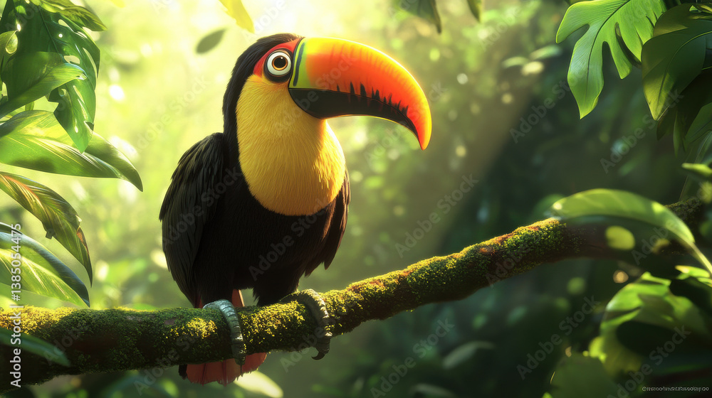 Obraz premium A toucan with vibrant plumage and a large yellow-orange beak on a jungle perch, surrounded by lively green leaves and sunbeams breaking through overhead trees, detailed bark texture