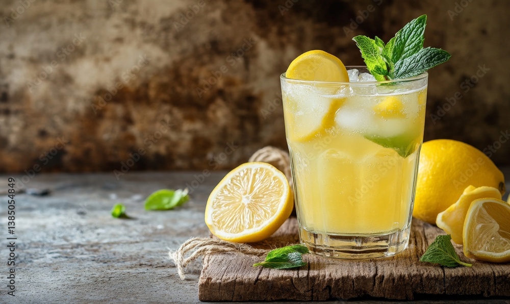 Fototapeta premium A glass of lemonade with ice cubes, lemon slices, and mint leaves, with lemons on a rustic surface background.