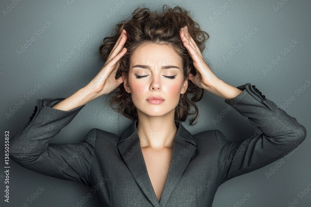 With her eyes closed, a businesswoman dressed in a tailored black suit holds her temples in a focused pose With her eyes closed, a businesswoman dressed in a tailored black suit holds her temples in a focused pose