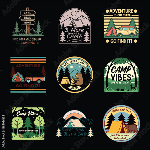 Nature & Camping Illustration bunle with Tent, Bear, Mountain, Adventure T-Shirt Designs, summer camping lover tee