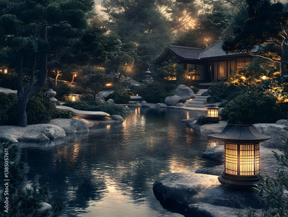 Fototapeta premium A serene Japanese garden at dusk with lanterns, water, and lush greenery.