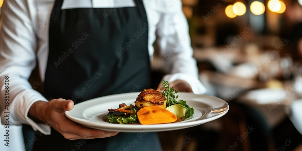 Waiter carrying a plate with some fancy dish on festive event, party or wedding reception. Waiter carrying a plate with some fancy dish on festive event, party or wedding reception.