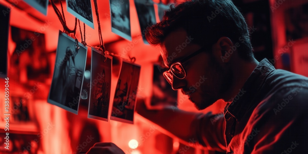 Silhouette of a photographer developing photos in a dark room. Man hanging printed photos in red lighted room. Old style photography.