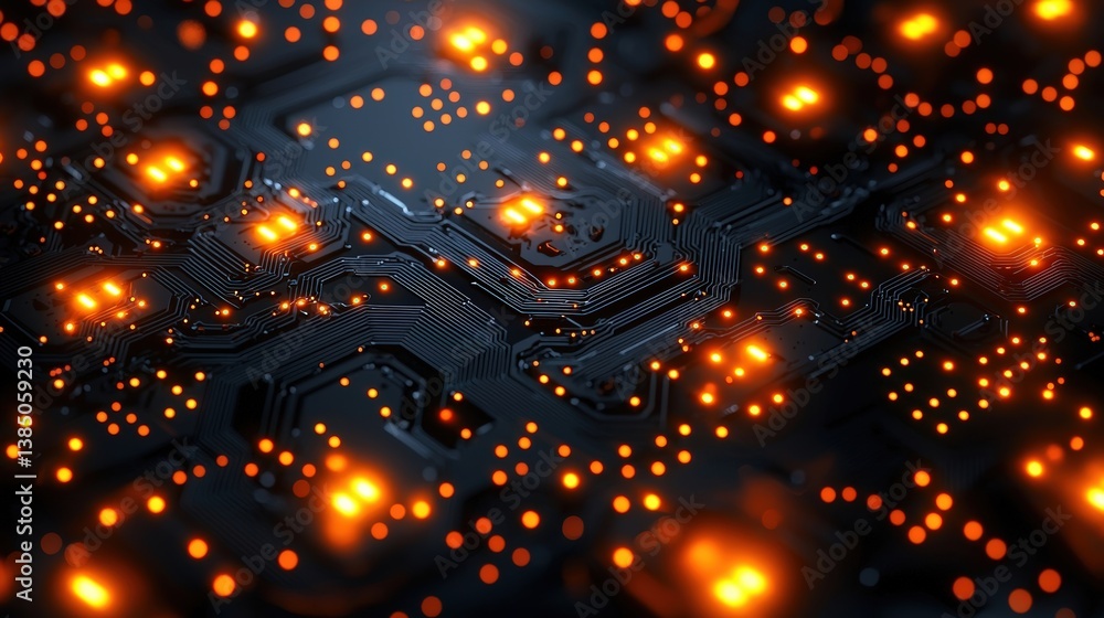 Obraz premium Abstract Technology Background with Circuit Board and Glowing Orange Lights and Dots