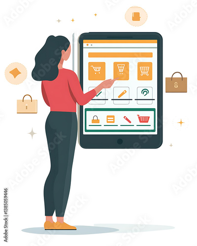 Online shopping, digital selling, ecommerce process, and customer experience through modern illustrated scenes on white background.