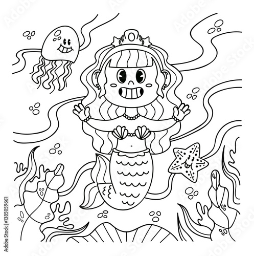 hand drawn mermaid coloring book illustration