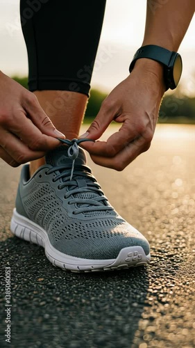 Preparing for a run: tying athletic shoes on a sunlit road