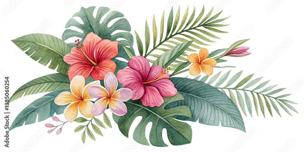 A watercolor illustration on a white background showcases a vibrant bouquet of tropical flowers and palm leaves, perfect for a jungle design A watercolor illustration on a white background showcases a vibrant bouquet of tropical flowers and palm leaves, perfect for a jungle design