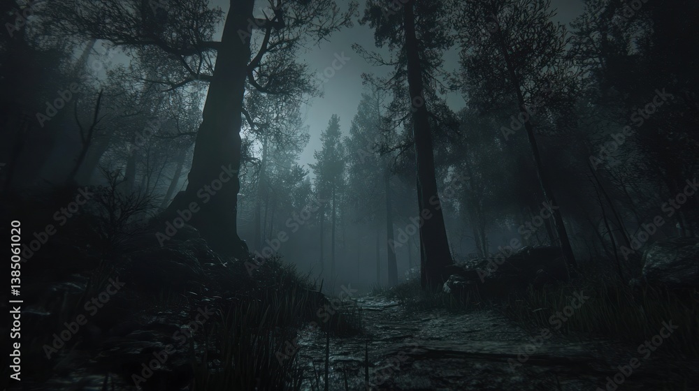 Fototapeta premium Foggy forest path at night