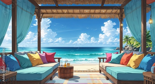Ocean view from a luxurious open air beach cabana with colorful cushions anime cartoon style illustration artwork design background