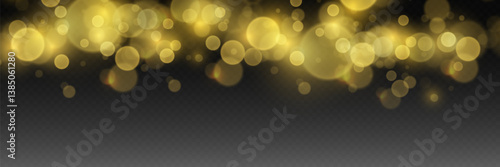 Gold bokeh on a transparent background. Abstract shiny sparkling effect.
