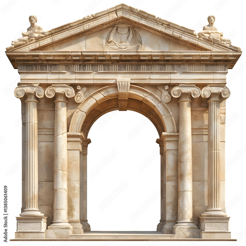 Fototapeta premium The grand entrance arch of an ancient Greek amphitheater, isolated on transparent background.