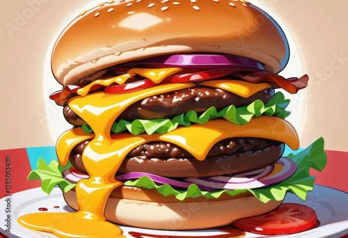 A bright illustration of a delicious burger with a juicy patty, fresh vegetables, cheese and sauce.