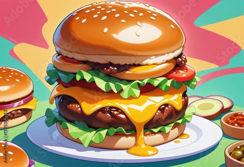 A bright illustration of a delicious burger with a juicy patty, fresh vegetables, cheese and sauce.