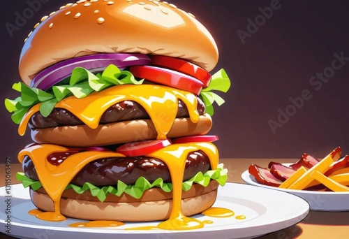 A bright illustration of a delicious burger with a juicy patty, fresh vegetables, cheese and sauce.