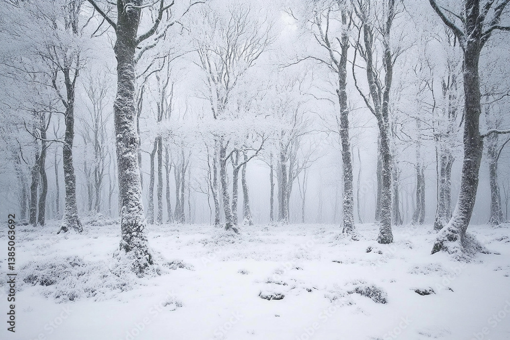 Snowy forest landscape featuring frost-covered trees in a tranquil winter setting Snowy forest landscape featuring frost-covered trees in a tranquil winter setting