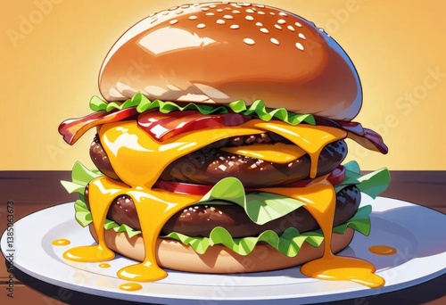 A bright illustration of a delicious burger with a juicy patty, fresh vegetables, cheese and sauce.