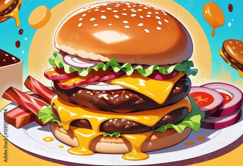 A bright illustration of a delicious burger with a juicy patty, fresh vegetables, cheese and sauce.