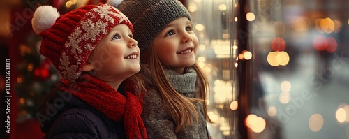 Two little girls looking through a shop window decorated for christmas