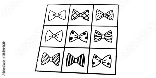 Collection of hand-drawn bow ties with various patterns for decoration and design.